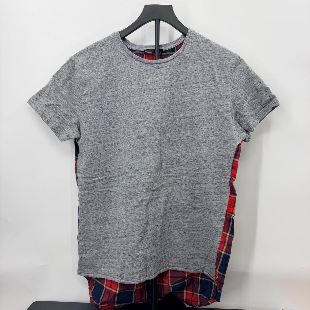 Zara Trafaluc Mixed Media Plaid Back Gray Tee Shirt Womens Medium Red Navy Blue